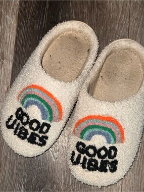 Used Well Worn.  'Good Vibes' Rainbow Slippers